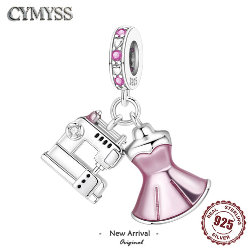925 Sterling Silver Pink Dress & Sewing Machine Charm Pendant with Zircon