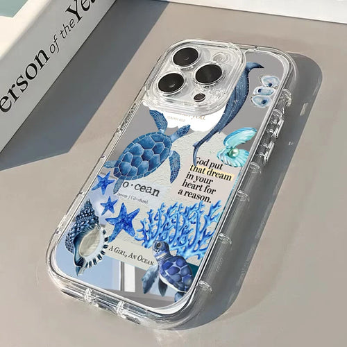 Blue Turtle Underwater World Phone Case For iPhone 17 Pro 16 15 14 13 12 11 Pro Max 7 8 Plus XR X XS Max 16E Luxury Mirror Cover