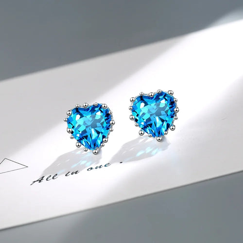 Sterling Silver Blue Heart Zircon Stud Earrings for Women - Elegant