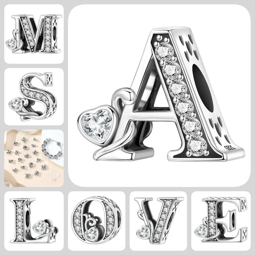 925 Sterling Silver CZ A-Z Alphabet Letter Charm Bead