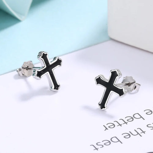 Sterling Silver Black Cross Stud Earrings for Women - Wedding