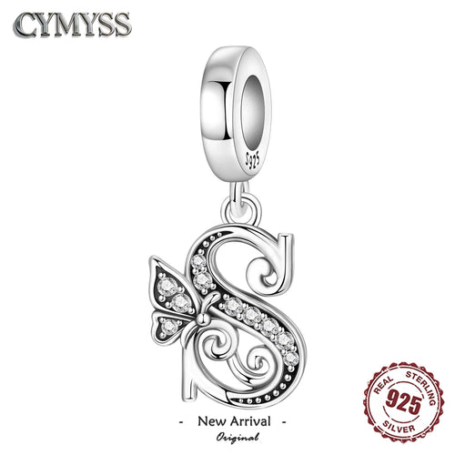 925 Sterling Silver Zircon Butterfly Alphabet Letter Charm Bead