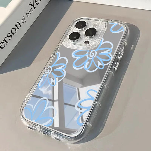 Light Blue Floral Pattern Mirror Phone Case For iPhone 17 Pro Max 16 15 14 13 12 11 Pro Max 7 8 Plus 16e X XR XS Max Soft Cover