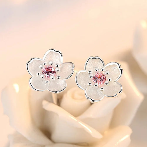 Sterling Silver Pink Purple Zircon Flower Stud Earrings for Women