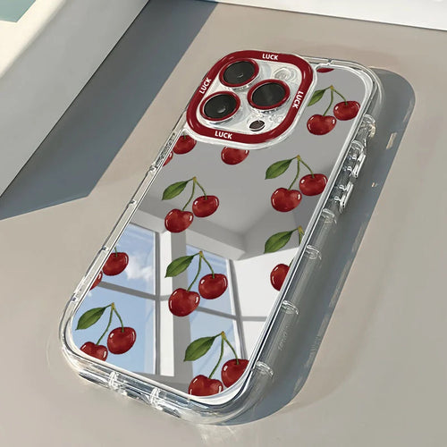 Red Cherry Bow Soft Phone Case For iPhone 17 Pro 16 15 14 13 12 11 Pro Max 7 8 Plus XR X XS Max 16E 17E Luxury Mirror Back Cover