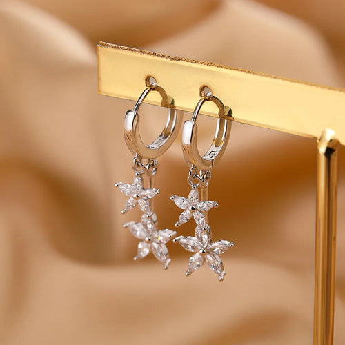 Sterling Silver Zircon Flower Earrings for Women - Wedding