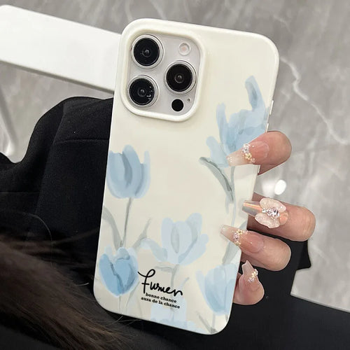Elegant Blue Tulip Print Soft Phone Case For iPhone 17 16 15 14 13 12 11 Pro Max PLUS Floral White Shockproof Bumper Back Cover