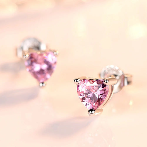 Sterling Silver Heart Zircon Stud Earrings for Women - Multicolour