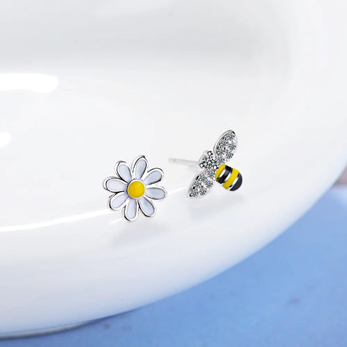Sterling Silver Flower Bee Stud Earrings for Women - Wedding Party