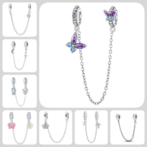 925 Sterling Silver Zircon Peach Heart Butterfly Safety Chain