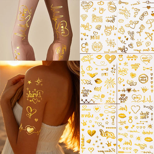 Waterproof Metallic Temporary Tattoos Women Gold Flash Fake Tattoo Sticker Heart Design Stickers for Valentine Wedding Body Art