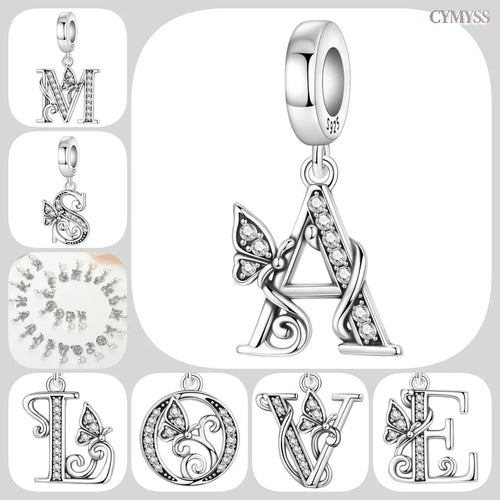 925 Sterling Silver CZ Butterfly Alphabet Letter Charm Bead