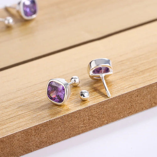 925 Sterling Silver Purple Zircon Square Stud Earrings for Women