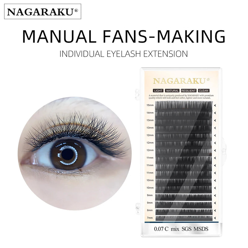 NAGARAKU Individual Eyelash Makeup High Quality New Material Super Soft Natural Manual Fans-making Lashes 16 Lines Matte Black