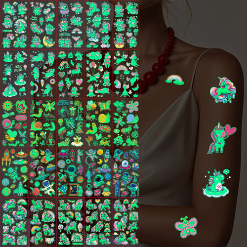 5pcs Glowing in the Dark Temporary Tattoos Mermaid Unicorn Butterfly Car Luminous Tattoo Stickers for Body Hand Face Decor