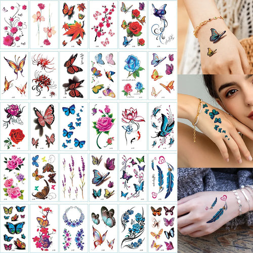 30pcs Waterproof Temporary Tattoo Stickers Disposable 3D Color Butterfly Rose Flower Feather Fake Tattoo for Women Girl Body Art
