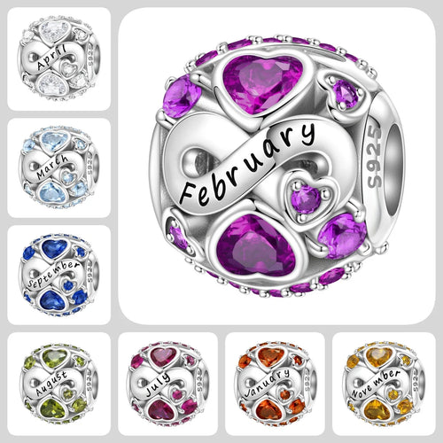 925 Sterling Silver Birthstone Heart Zircon Charm Bead