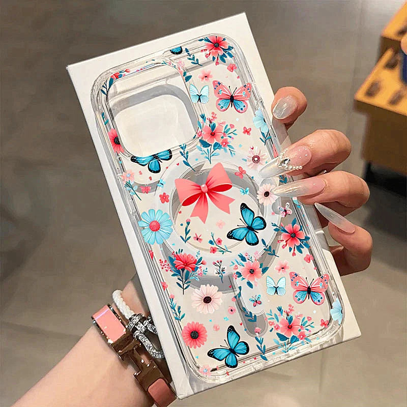 Floral Butterfly Magsafe Case for iPhone 16 15 14 13 Pro Max | Shockproof Clear Cover