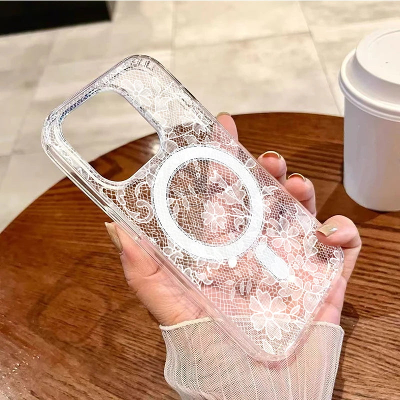 Romantic White Lace Flower Pattern Magnetic Phone Case For Samsung Galaxy S25 Ultra S24 S23 S22 Plus S21 FE Hard Clear Cover