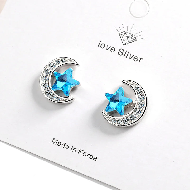 Sterling Silver Blue Star Moon Stud Earrings for Women - Wedding