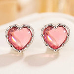Sterling Silver Pink Zircon Heart Stud Earrings for Women - Wedding