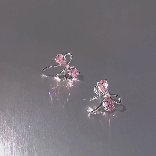 Sterling Silver Pink Bow Zircon Stud Earrings for Women - Wedding