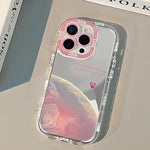 Pink Planet Heart Phone Case For iPhone 17 16 15 14 13 12 11 Pro Max 7 8 Plus XR X XS 17E 16E Luxury Makeup Mirror Soft Cover