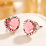 Sterling Silver Pink Zircon Heart Stud Earrings for Women - Wedding
