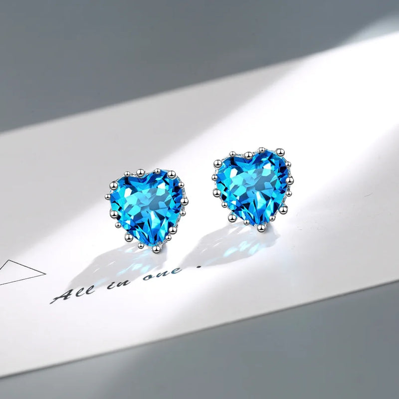 Sterling Silver Blue Heart Zircon Stud Earrings for Women - Elegant
