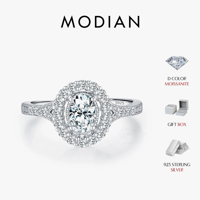 MODIAN 0.5CT Oval Moissanite Ring 925 Sterling Silver Statement Jewelry Round Cut Lab Diamond for Women Engagement Rings