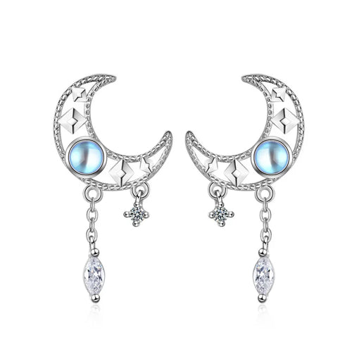 Sterling Silver Moon Tassel Stud Earrings for Women - Gift