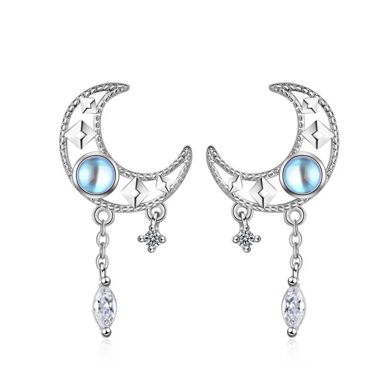 Sterling Silver Moon Tassel Stud Earrings for Women - Gift