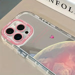 Pink Planet Heart Phone Case For iPhone 17 16 15 14 13 12 11 Pro Max 7 8 Plus XR X XS 17E 16E Luxury Makeup Mirror Soft Cover