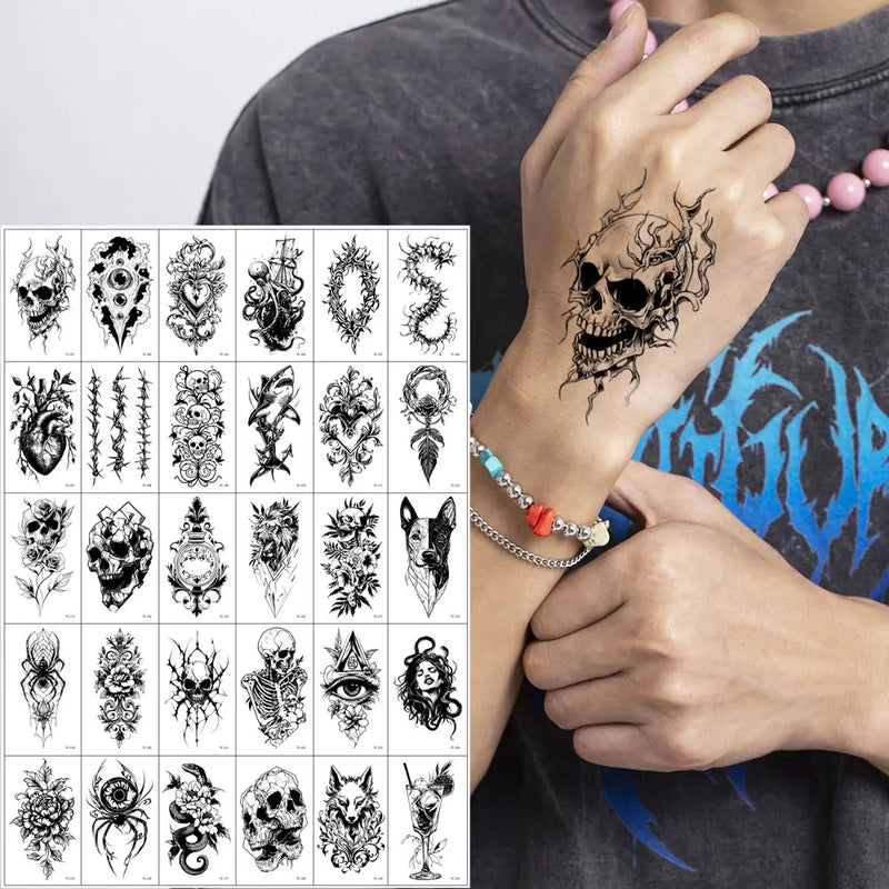 30 Sheets Small Fake Tattoos for Men Women Waterproof Spider Skull Snake Animal Temporary Tattoos for Hand Arm Body Decor