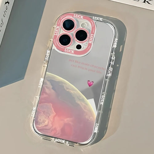 Pink Planet Heart Phone Case For iPhone 17 16 15 14 13 12 11 Pro Max 7 8 Plus XR X XS 17E 16E Luxury Makeup Mirror Soft Cover