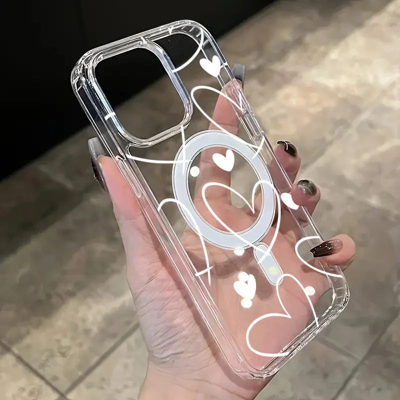 For Samsung Galaxy S25 S24 S23 S22 Ultra Plus FE Clear Magnetic Phone Case Simple White Love Heart Wireless Charging Back Cover