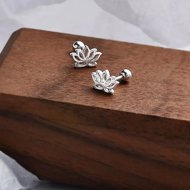 Sterling Silver Hollow Lotus Flower Stud Earrings for Women