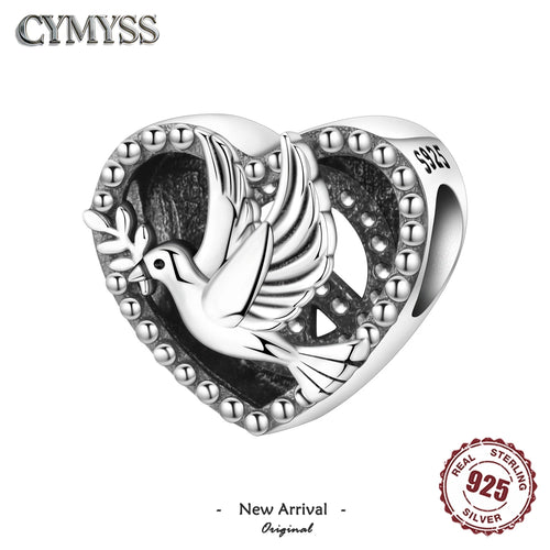925 Sterling Silver Peace Love Dove Heart Charm Bead