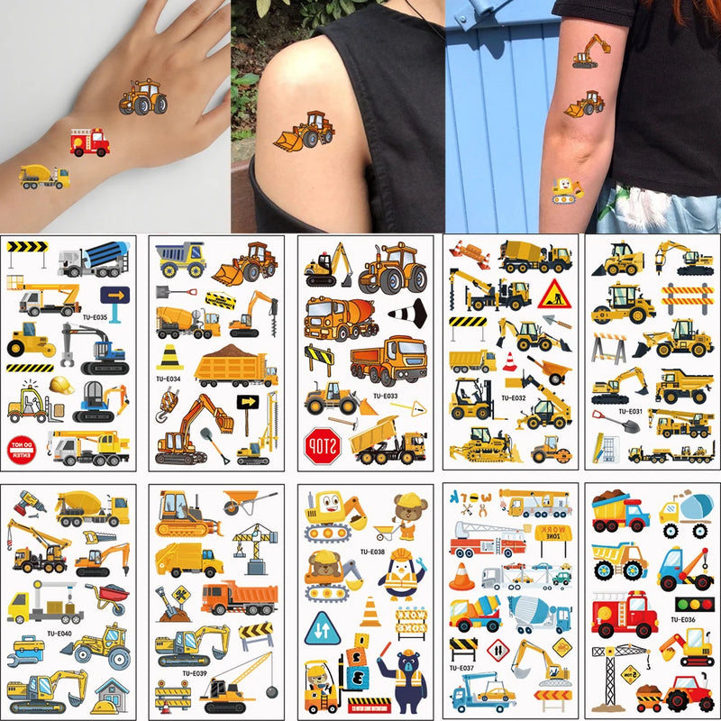 10 Sheets Excavator Vehicle Pattern Temporary Tattoos For Hand Body Engineering Crane, Cartoon Tattoos Stickers