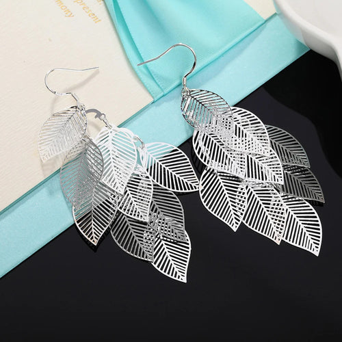 Sterling Silver Leaf Dangle Earrings for Women - Wedding Gift