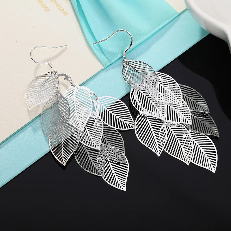 Sterling Silver Leaf Dangle Earrings for Women - Wedding Gift