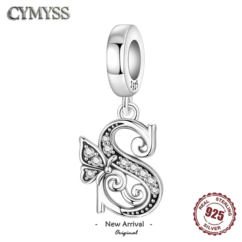 925 Sterling Silver Zircon Butterfly Alphabet Letter Charm Bead
