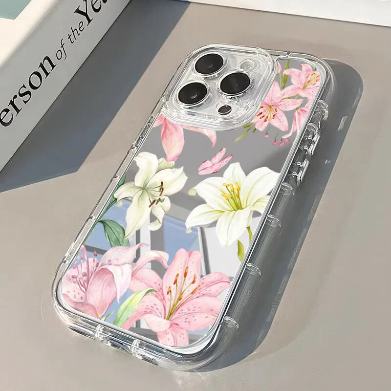 Pink Lily Peony Pattern Phone Case For iPhone 17 16 15 14 13 12 11 Pro Max 7 8 Plus XR X XS Max 16E Fashion Mirror Back Cover
