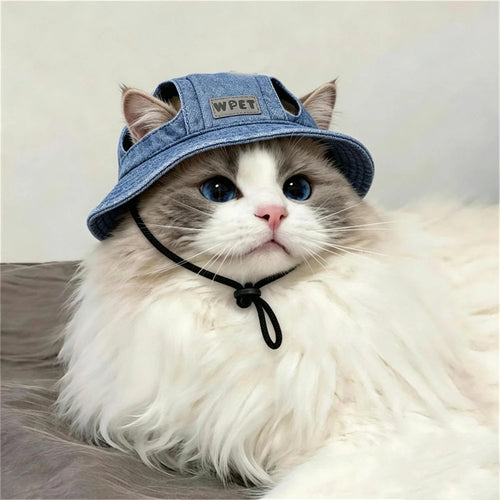 Adjustable Denim Pet Bucket Hat Ear Hole Design Dog Cat Summer Outdoor Sun Protection Costume Cap for Small Dogs Cats Kitten