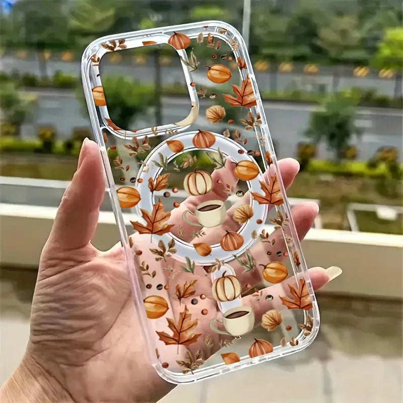 Pumpkin Autumn Leaves Coffee Phone Case for iPhone 17 16 15 14 13 12 11 Pro Max 16e 7 8 Plus X XR XS Magnetic Clear Hard Cover