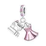 925 Sterling Silver Sewing Machine Pink Dress Charm Pendant