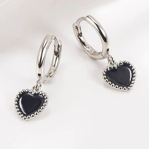 Sterling Silver Black Heart Earrings for Women - Gift