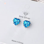 Sterling Silver Blue Heart Zircon Stud Earrings for Women - Elegant