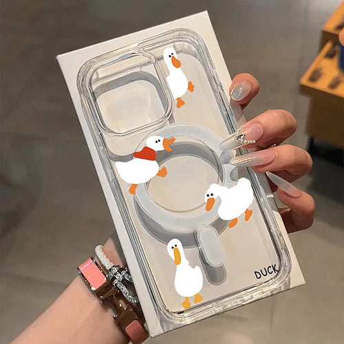 Clear Transparent Magnrtic Cover for Samsung Galaxy S25 S24 S23 S22 Ultra Plus S21 FE Cute Four Duck Wireless Charge Phone Cases