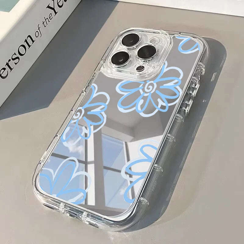Light Blue Floral Pattern Mirror Phone Case For iPhone 17 Pro Max 16 15 14 13 12 11 Pro Max 7 8 Plus 16e X XR XS Max Soft Cover